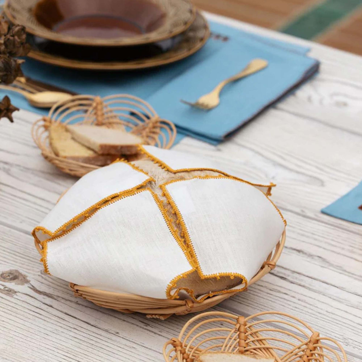 Hand Embroidered Teresa Linen Bread Basket Cloth - White & Yellow