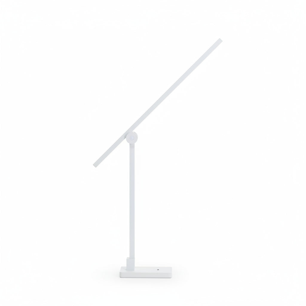 A sleek, modern white floor lamp with a minimalist design, featuring a slim profile and touch-sensitive dimming functionality.