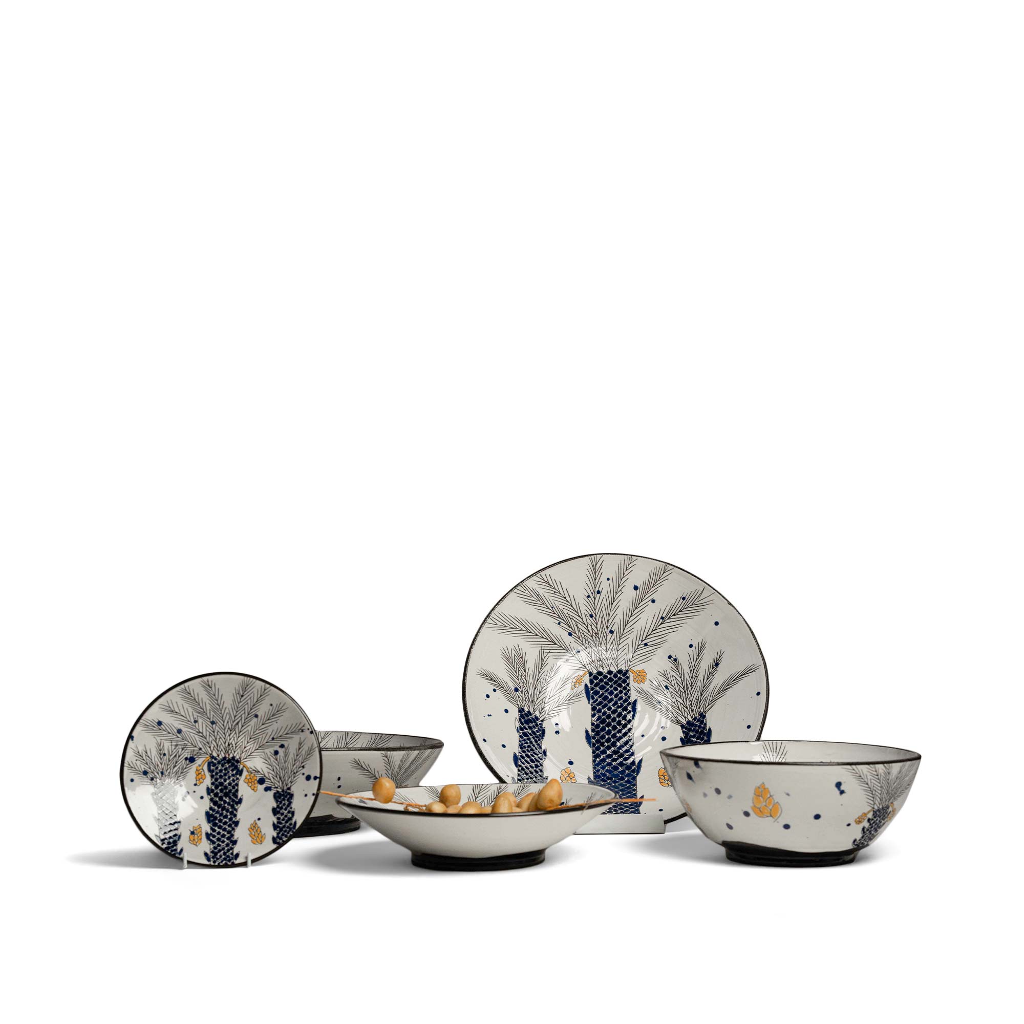 Serving Bowl With 3 Palms & Grey Branches - Medium