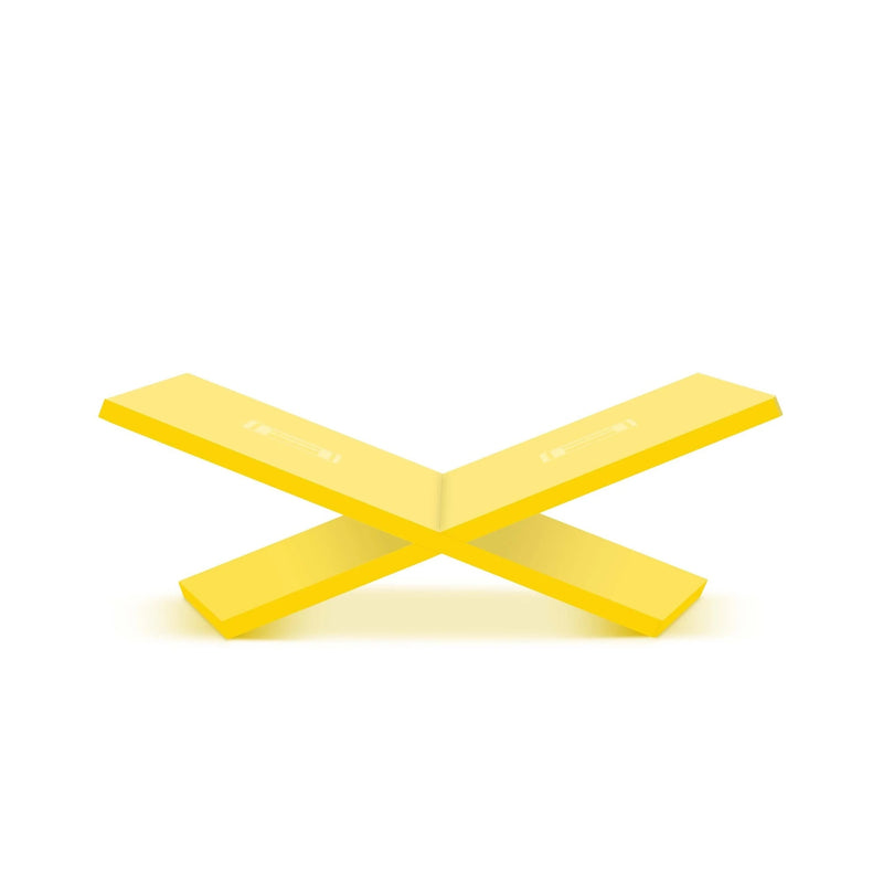 A solid yellow bookstand with a simple,x-shaped design