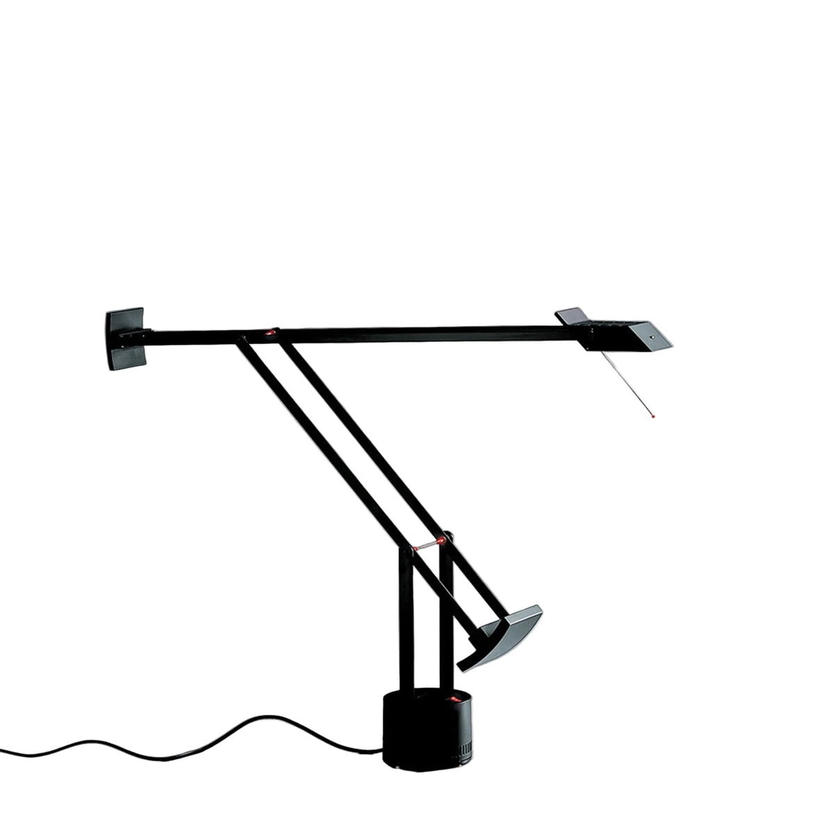 Modern black desk lamp with adjustable arm on a gray background