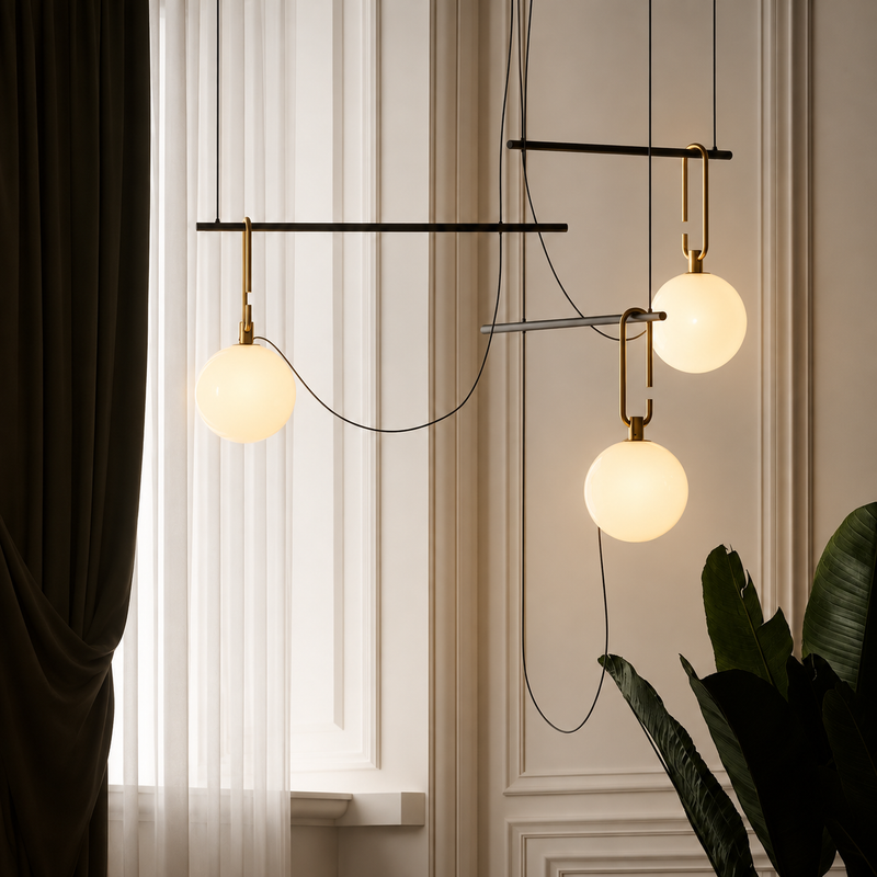 Modern multi-light pendant lamp with three glowing frosted glass globes suspended by black cords and brass-toned hardware in a styled interior setting.