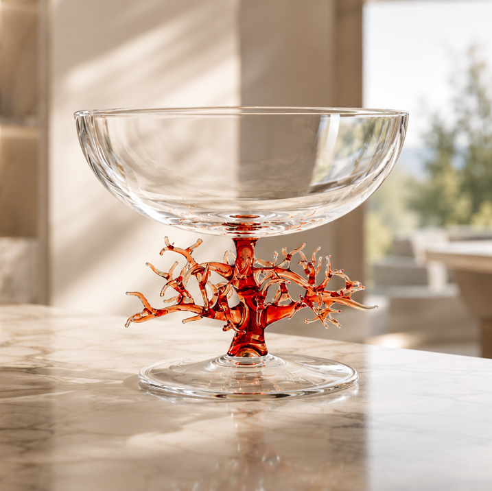 A clear glass pedestal bowl with a decorative red-orange branching base, set on a polished marble countertop in a bright, modern kitchen.